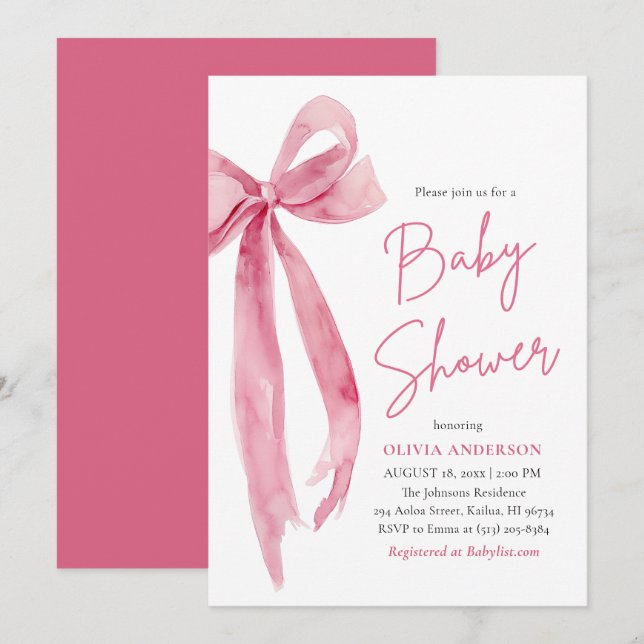 Convites Modern Cute Blush Pink Bow Baby Shower (Frente/Verso)