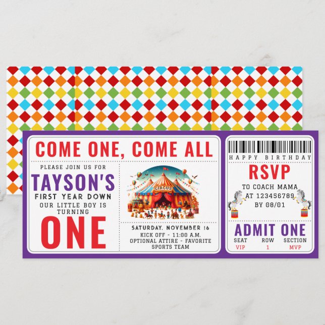 Convites Modern Cute Circus Carnival 1st Birthday Ticket  (Frente/Verso)
