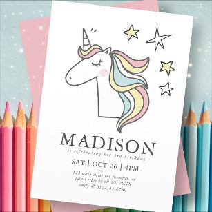 Convites Modern Cute Doodle Unicorn Stars Aniversário