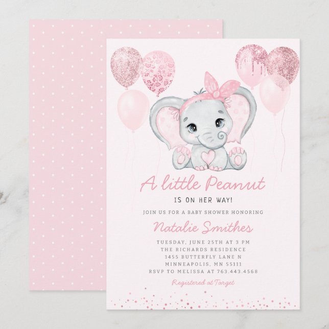 Convites Modern Cute Elephant Girl Balloons Chá de fraldas  (Frente/Verso)