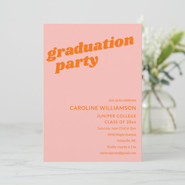 Convites Modern Cute Pink Orange Retro Graduation Party (Em pé/Frente)