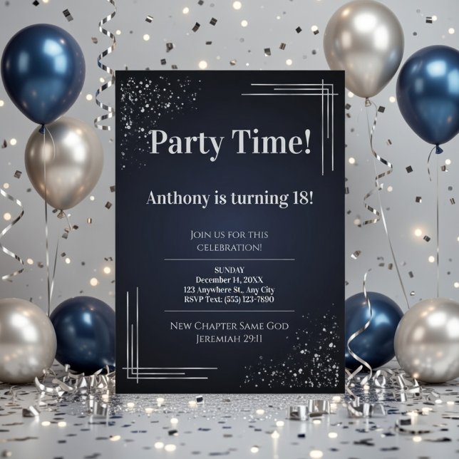 Convites Modern Dark Blue & Silver 18th Birthday Invitation (Criador carregado)