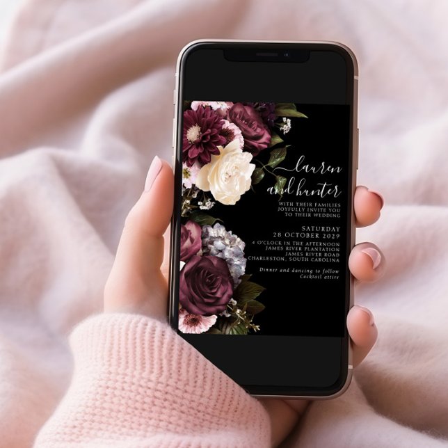 Convites Modern Dark Moody Burgundy Script Floral Casamento (Criador carregado)