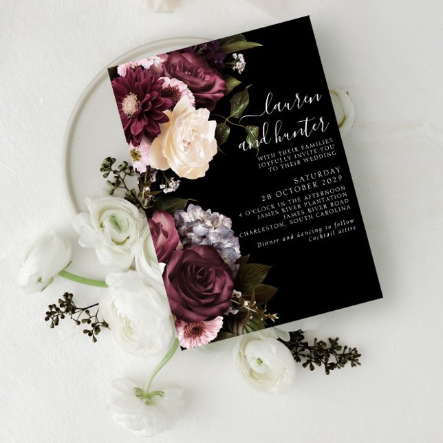 Convites Modern Dark Moody Burgundy Script Floral Casamento (Criador carregado)