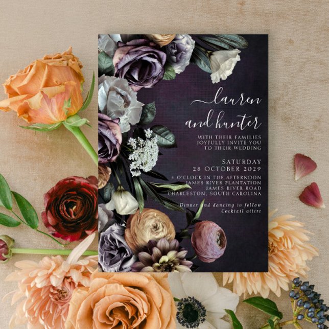 Convites Modern Dark Moody Purple Script Floral Wedding Inv (Criador carregado)