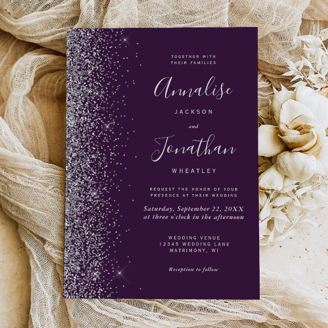 Convites Modern Dark Purple Silver Glitter Edge Wedding (Criador carregado)