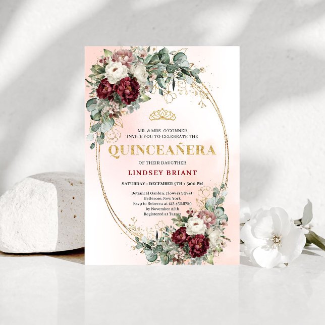 Convites Modern Deep Red Flowers 15th Birthday Invitation (Modern Deep Red Flowers 15th Birthday Invitation)