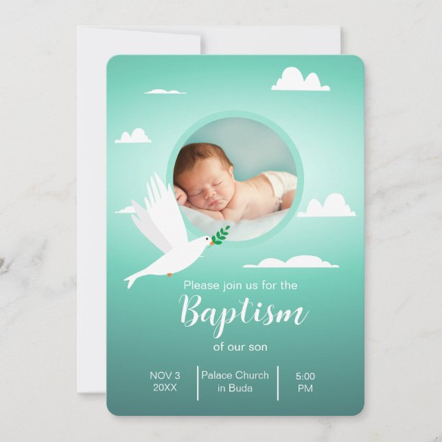 Convites Modern Dove Teal Blue Baptism Invitation for Boy (Frente)