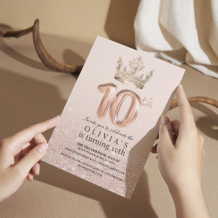 Convites Modern Drips Rosa Dourado Crown 10ª Festa de anive