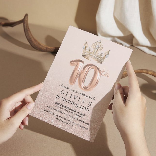 Convites Modern Drips Rosa Dourado Crown 10ª Festa de anive (Criador carregado)