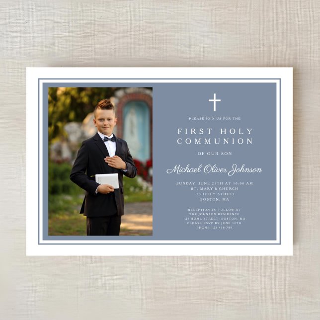 Convites Modern Dusty Blue Boy Photo First Communion (Modern Dusty Blue Boy Photo First Communion Invitation)
