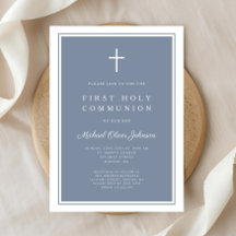 Modern Dusty Blue Cross Boy Primeira Comunhão Sagr
