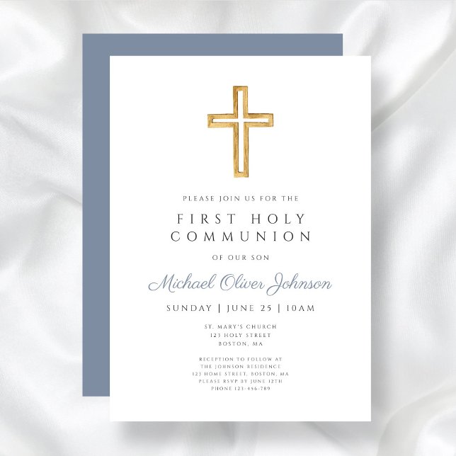Convites Modern Dusty Blue Cross Boy Primeira Comunhão Sagr (Modern Dusty Blue Cross Boy First Holy Communion Invitation)
