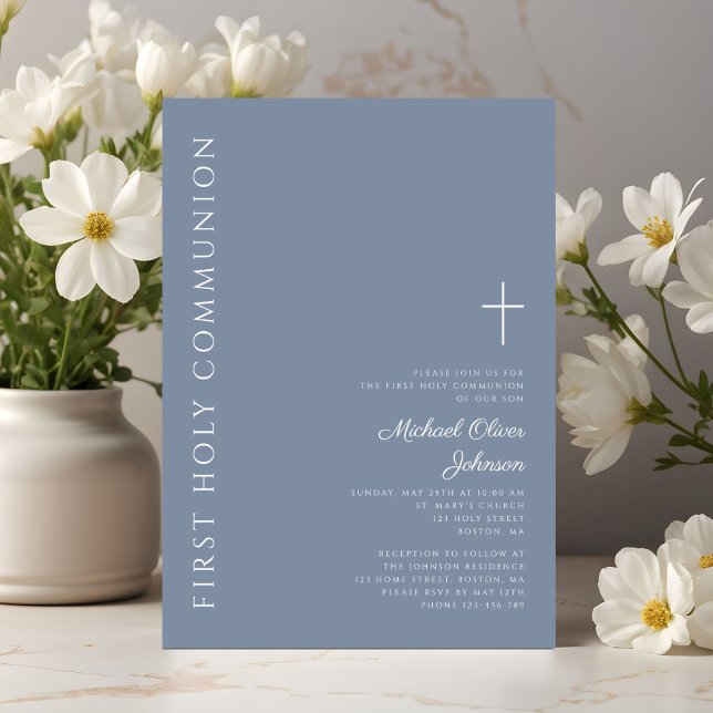 Convites Modern Dusty Blue Cross Primeira Comunhão Santa (Modern Dusty Blue Cross First Holy Communion Invitation)