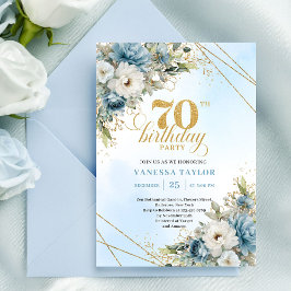 Convites Modern dusty blue eucalyptus gold 70th birthday  