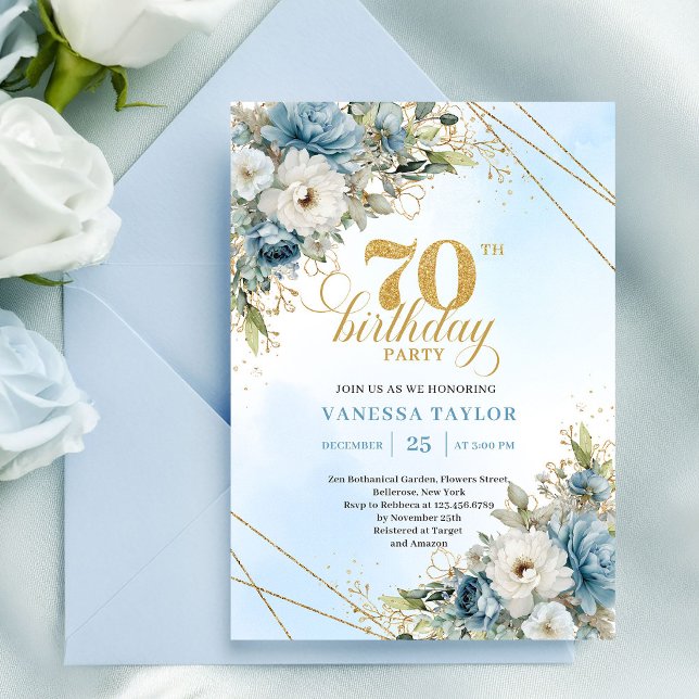 Convites Modern dusty blue eucalyptus gold 70th birthday   (Modern dusty blue eucalyptus gold 70th birthday invite

)