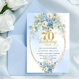Convites Modern Dusty Blue Peonies 70th Birthday Invitation