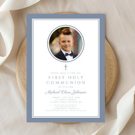Convites Modern Dusty Blue Photo Boy First Communion