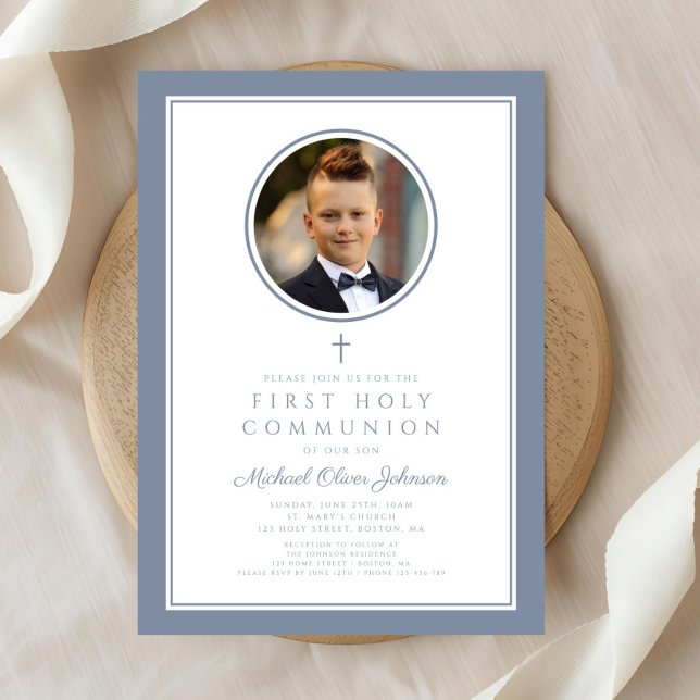 Convites Modern Dusty Blue Photo Boy First Communion (Modern Dusty Blue Photo Boy First Communion Invitation)