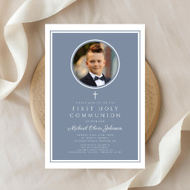 Convites Modern Dusty Blue Photo Boy First Communion