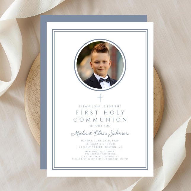 Convites Modern Dusty Blue Photo Boy First Holy Communion (Modern Dusty Blue Photo Boy First Holy Communion Invitation
)