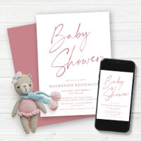 Modern Dusty Mauve Pink Script Baby Chá
