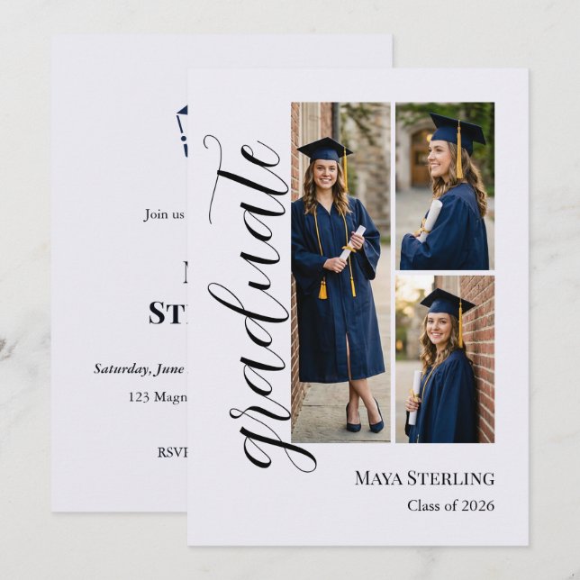 Convites Modern Editorial Script Multi-Photo Graduation  (Frente/Verso)