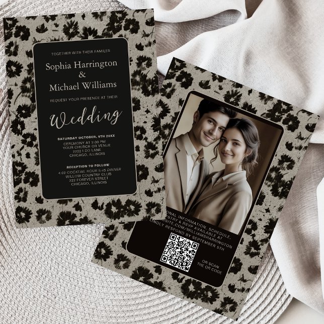 Convites Modern Elegant Black Silver Wedding Invite QR Code (Criador carregado)