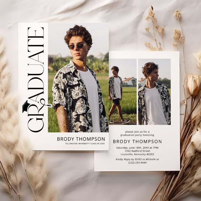 Convites Modern Elegant Black & White 3 Photo Graduation (Criador carregado)