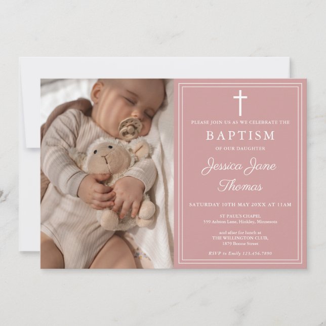 Convites Modern Elegant Dusty Rose Pink Photo Baptism (Frente)