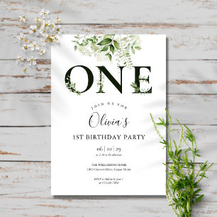Convites Modern Elegant Floral Greenery 1st Birthday