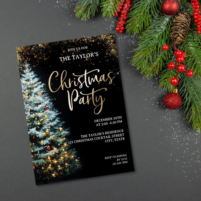 Convites Modern Elegant Glitter Christmas Tree Party (watercolor christmas tree with black background gold details party invitation)