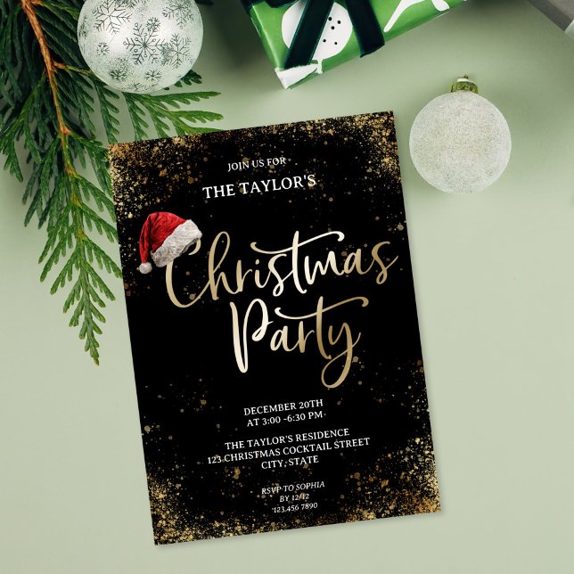 Convites Modern Elegant Glitter Santa Claus Christmas Party (Modern Elegant Glitter Christmas Tree Party Invitation with gold writing and santa's cap)