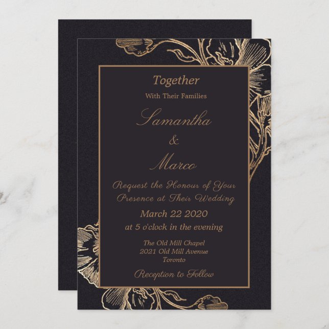 Convites Modern Elegant Gold Faux Metal Floral Wedding (Frente/Verso)