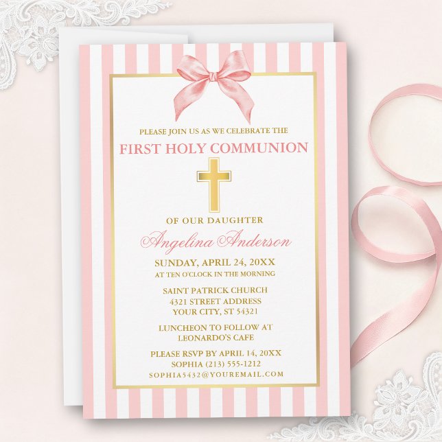 Convites Modern Elegant Pink Blush Striped Communion (Customize to change text color, text size or style.)