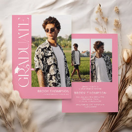Convites Modern Elegant Pink & White 3 Photo Graduation