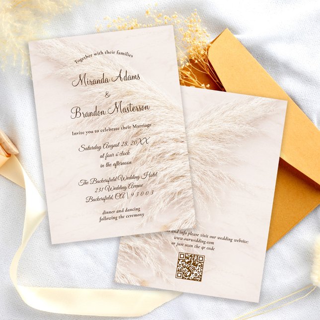 Convites Modern Elegant QR Code Pampas Grass Boho Wedding (Criador carregado)