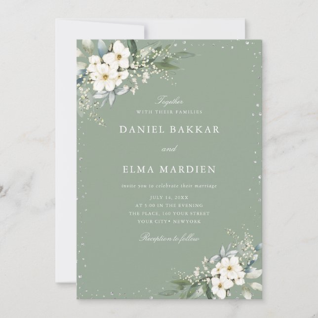 Convites Modern Elegant Sage Green Boho Floral Wedding  (Frente)