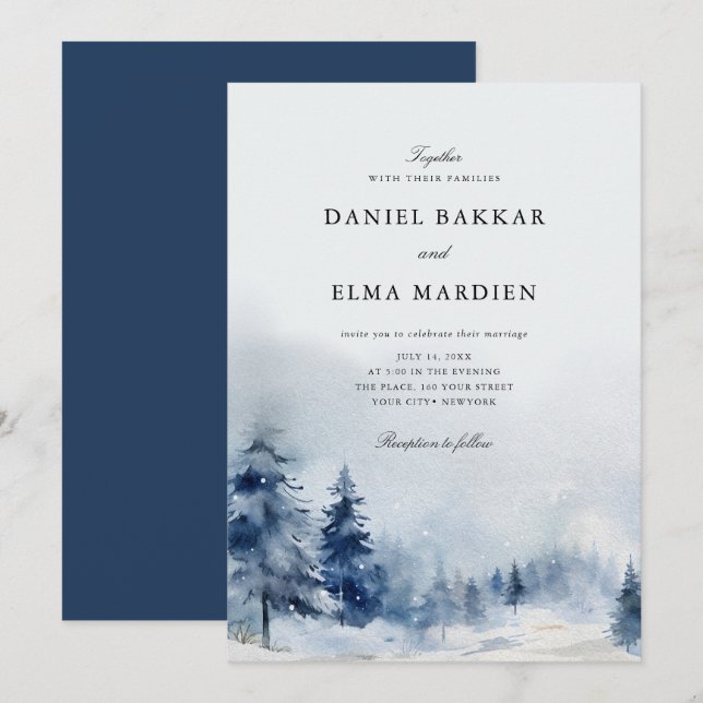 Convites Modern Elegant Watercolor Winter wedding (Frente/Verso)