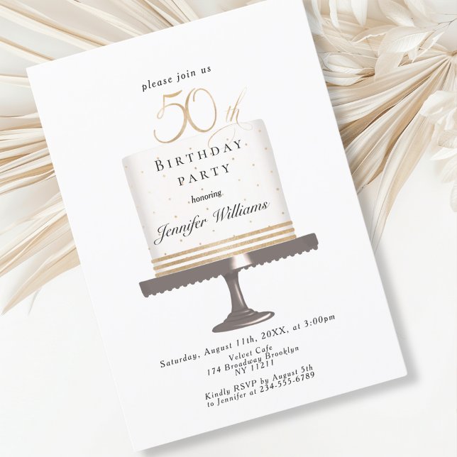 Convites Modern, elegante  50. Geburtstag (Modern, elegant, luxury, white & gold, 50. birthday invitation with cake illustration.)