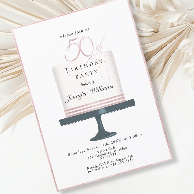Convites Modern, elegante  50. Geburtstag (Modern, elegant, luxury, white & pink, 50. birthday invitation with cake illustration.)