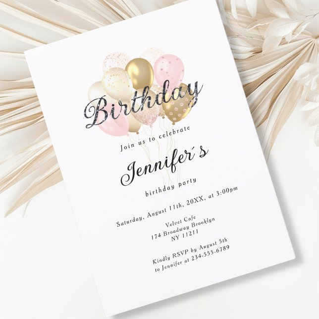 Convites Modern, elegante Luftballon (Modern, elegant, balloon, white-gold-pink invitation)