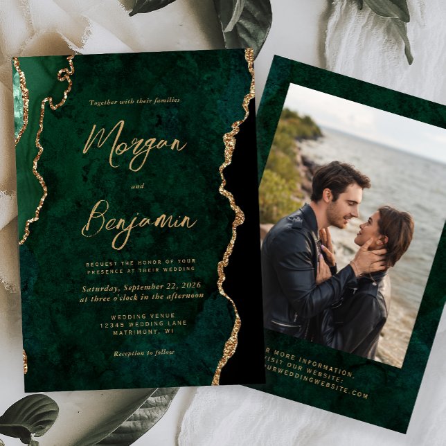 Convites Modern Emerald Green Agate Script Photo Wedding (Criador carregado)