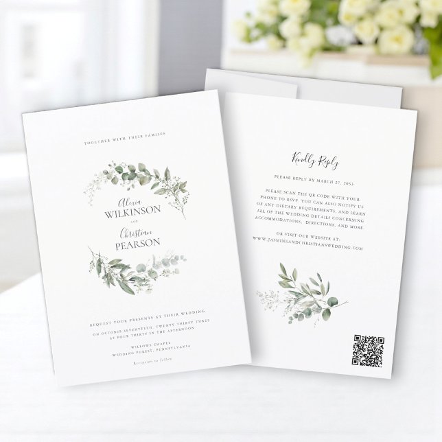 Convites Modern Eucalyptus Greenery Wedding QR Code RSVP (Criador carregado)