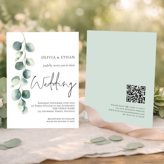 Convites Modern Eucalyptus Script QR code Sage Wedding (Front and back view)