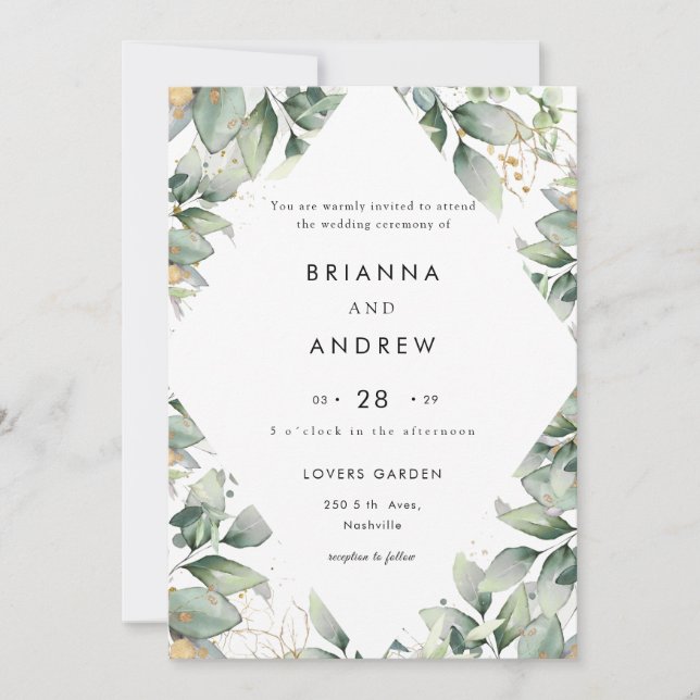 Convites Modern Eucalyptus Wedding Invitation Einladung (Frente)