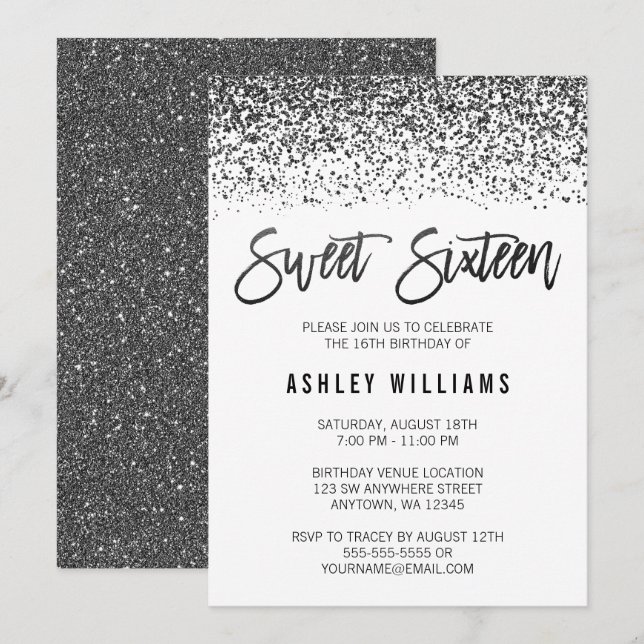 Convites Modern Faux Black Glitter Sweet 16 Birthday (Frente/Verso)