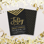 Convites Modern Faux Dourado Chevron 50ª Festa de aniversár<br><div class="desc">O 50.º convite moderno de aniversário, que inclui um elegante chevron geométrico e a palavra "50" em ouro falso contra fundo negro. A placa inclui um padrão correspondente do lado traseiro. Veja os itens correspondentes aqui http://www.zazzle.com/collections/modern_faux_gold_chevron_celebration_collection-119531050277382712?rf=238364477188679314 Personalize-o substituindo o texto do marcador de posição para adicionar suas informações. Para obter...</div>