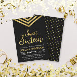 Convites Modern Faux Dourado Chevron Sweet 16 Aniversário<br><div class="desc">Moderno Sweet 16 Aniversário, com um cavaleiro geométrico elegante e a palavra "Doce Dezesseis" em ouro falso contra fundo negro. A placa inclui um padrão correspondente do lado traseiro. Veja os itens correspondentes aqui http://www.zazzle.com/collections/modern_faux_gold_chevron_celebration_collection-119531050277382712?rf=238364477188679314 Personalize-o substituindo o texto do marcador de posição para adicionar suas informações. Para obter mais opções,...</div>
