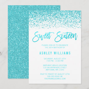 Convites Modern Faux Teal Glitter Sweet 16 Aniversário Conv